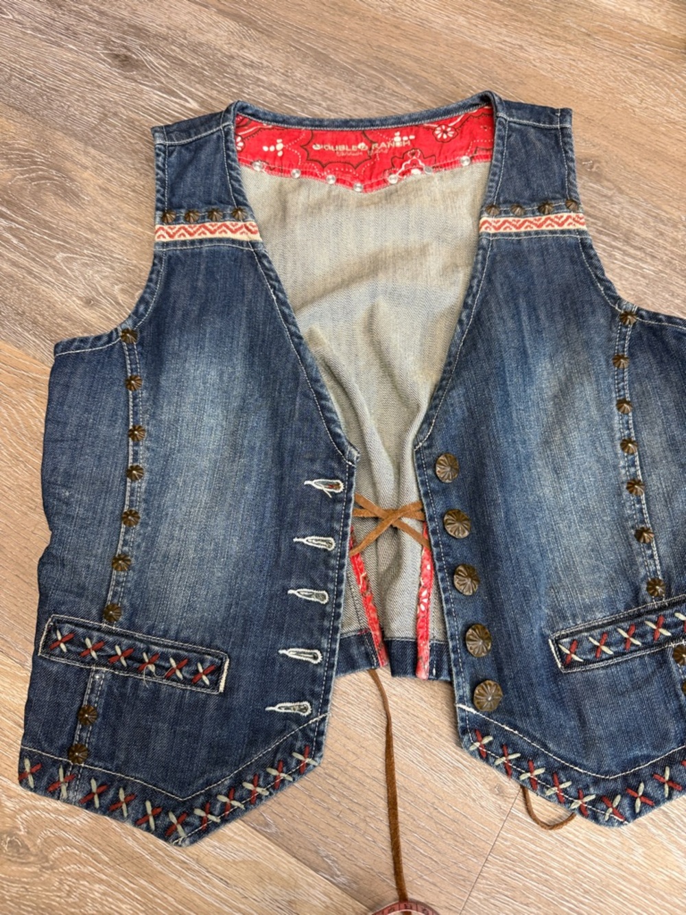 Double Ranch Embroidered Denim Vest with Red Bandana Accents Women's size small